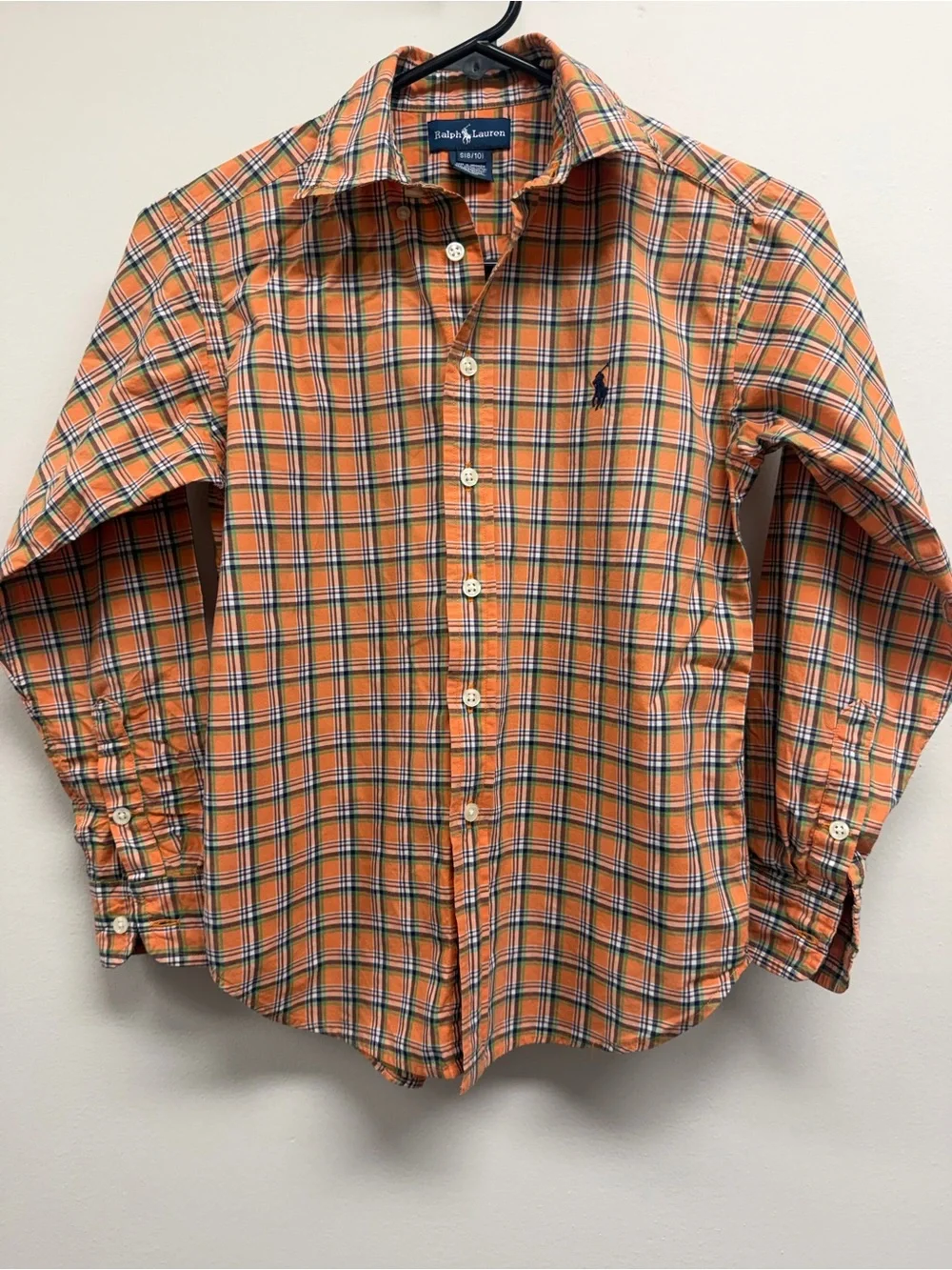 Ralph Lauren Orange Green Plaid Button-Down Kids Shirt 100% Cotton